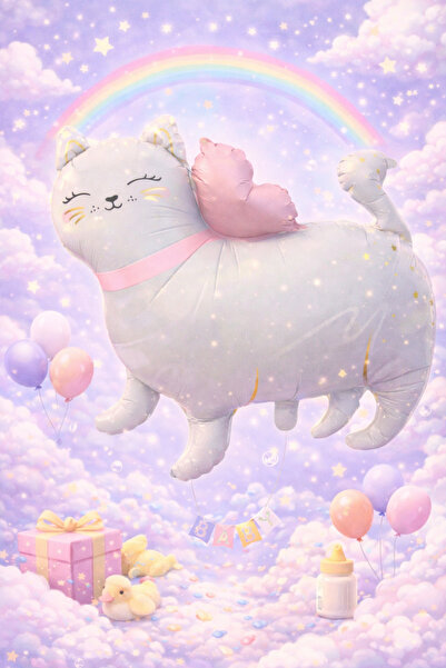 Happyewent Cute Winged Cat Foil Balloon – Pastel Baby Theme