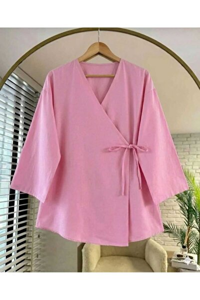 Giyim Gezegeni Pink Double-Breasted Collar Hijab Tunic – Side-Tie Oversized R...