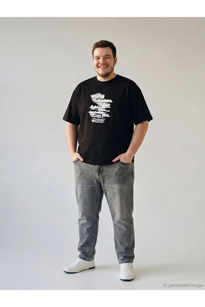 LC Waikiki Black Large Size Crew Neck Printed Men's T-Shirt