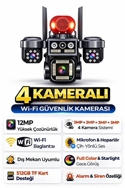 Ecocam 4 Kameralı WiFi Güvenlik Kamerası 12MP PTZ 360° Alarm Sirenli Gece Gör...