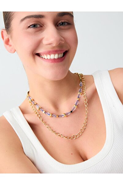 Jimmy Key Karışık Parlak Boncluk Detaylı İkili Kolye