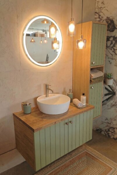 AdnDesing 90cm-Led Aynalı Banyo Dolabı Seti - Boy Dolaplı-Lavabolu-Doğal Ahşa...
