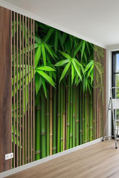 MİRAZAWALL Ahşap Çıta Görünümlü ve Bambu Ormanı Desenli Tek Parça Tekstil Duv...