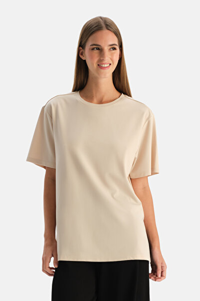 Dagi Stone Crew Neck Slit Rayon Blend T-Shirt