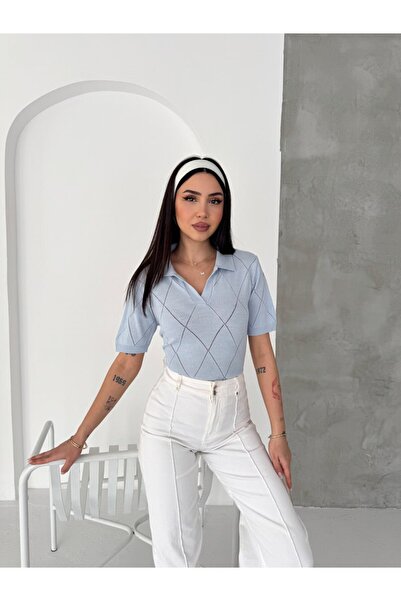 Noi Belis Polo Collar Diamond Patterned Fine Knit Blouse Ss26Bz0081