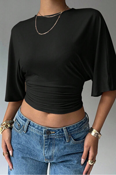 COOL TARZ Women's Black Cropped Blouse Half Sleeve Loose Fit High Waist Ruche...