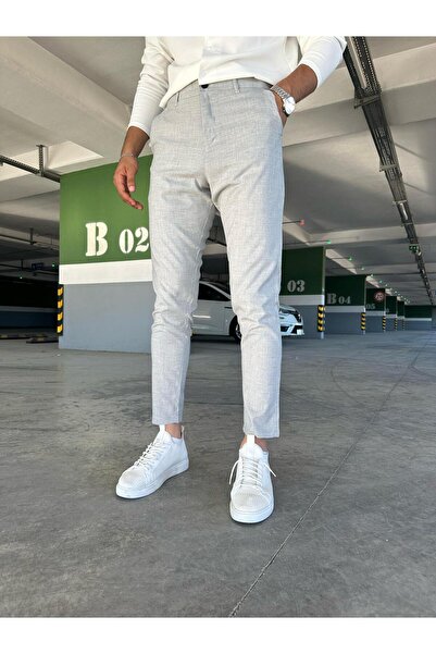 MODAMESTO Men's Light Gray Slim Fit Lycra Plain Fabric Trousers