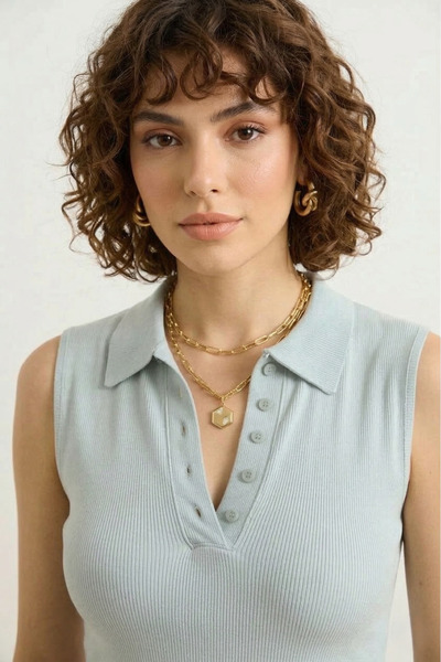 peralist Women's Ice Blue Collared Buttoned Sleeveless Viscose Elasthane Blouse