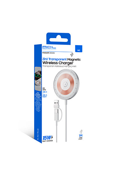 ACL W2 2in1 Şeffaf MagSafe Kablosuz Şarj Cihazı – USB-A ve Type-C Çift Girişl...