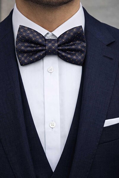 Kravatkolik Coffee - Navy Blue Motif Pattern Bow Tie P2025