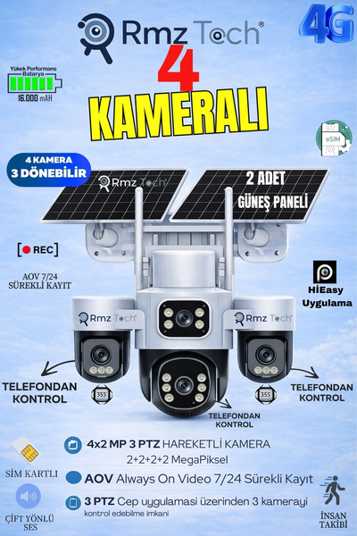 RMZTECH İNOX X24 4 KAMERALI 2+2+2+2 8MP 4 LENSLİ 3 MOTORLU ESİM 4G SOLAR SİM ...