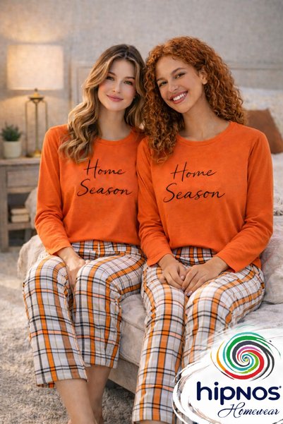 Hipnos Turuncu Home Season Printed Orange Long Sleeve Pajama Set Plaid Patterned Bottom