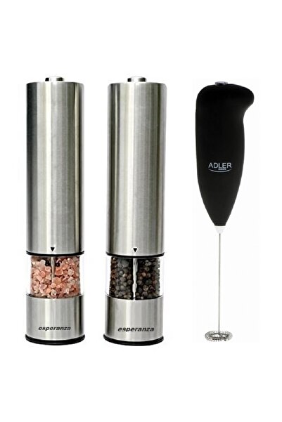 ESPERANZA Stainless steel electric salt and pepper mill and milk frother set