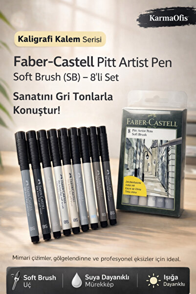 Faber Castell Pitt Artist Pen Soft Brush SB 8’li Set Gri Ton Kaligrafi ve Çiz...