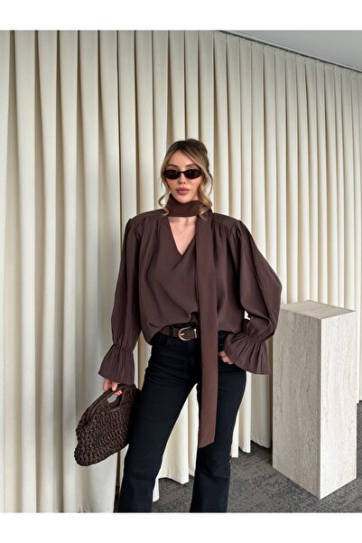 Laluvia Καφέ Λεπτομέρεια με βολάν Με βάτες Μπλούζα - 1016