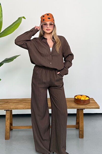 Ded COLLECTION Γυναικείο σετ παντελονιού και πουκάμισου Λινό σε Με υφή εμφανί...