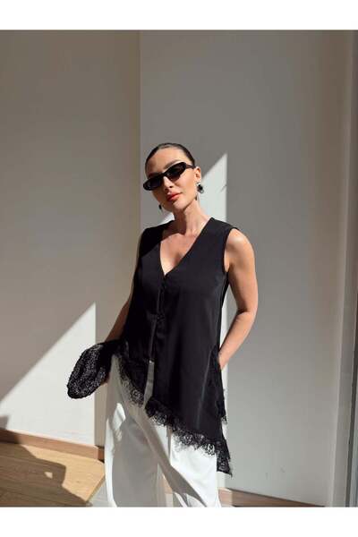 solena sln Women's Lace Detailed Asymmetrical Buttoned Blouse Vest