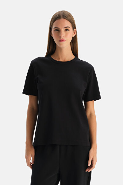 Dagi Черна памучна тениска с велосипедна яка