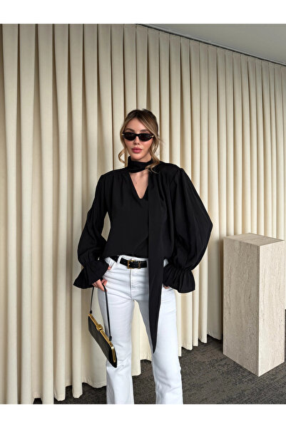 Laluvia Black Ruffle Detail Padded Shoulders Blouse - 1016