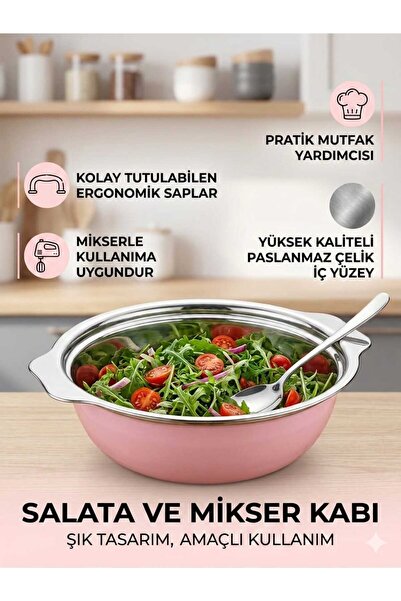 LOVYCO Premium Pembe Dış Kaplama Paslanmaz Çelik Salata ve Mikser Kabı - Kulp...