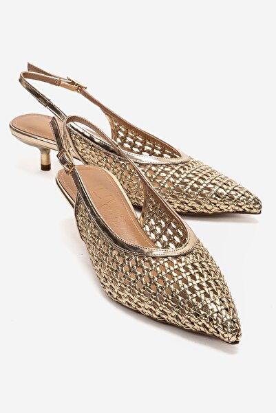 LuviShoes Orelis Gold Knit Patterned Women's Short Heeled Shoes