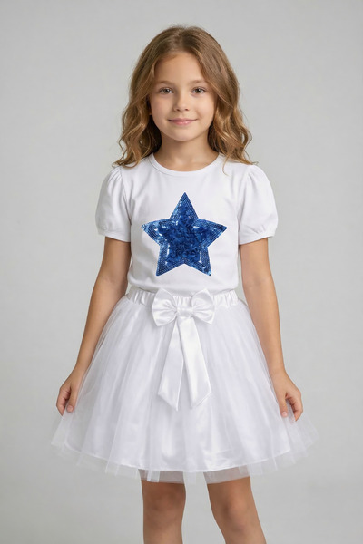 nacar çarşı Κοριτσίστικο μπλουζάκι μπλε κοβαλτίου Blue Star με λευκή φούστα T...