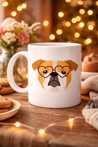 CT STONES Cană din porțelan cu design de buldog englez cu inimă și ochelari M...