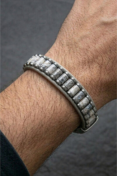 Perlavita Handmade Original Natural Stone Steel Men's Bracelet - White Jasper...