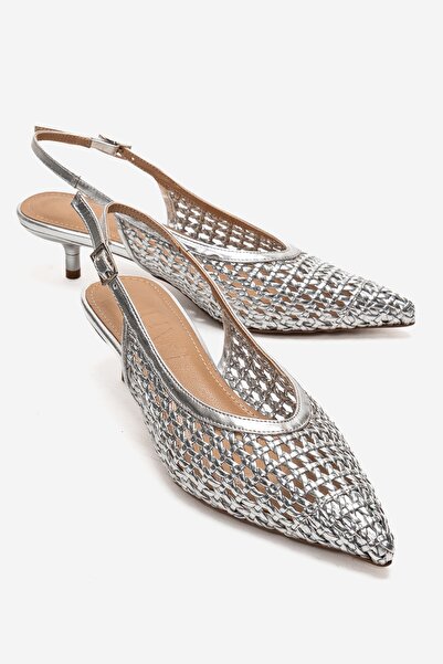 LuviShoes Orelis Silver Knit Patterned Women's Short Heeled Shoes