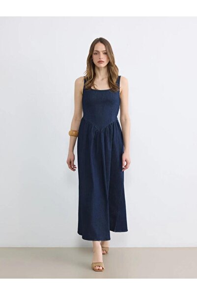 LC Waikiki Rochie din denim cu decolteu în U cu încrețituri cambrat în talie ...