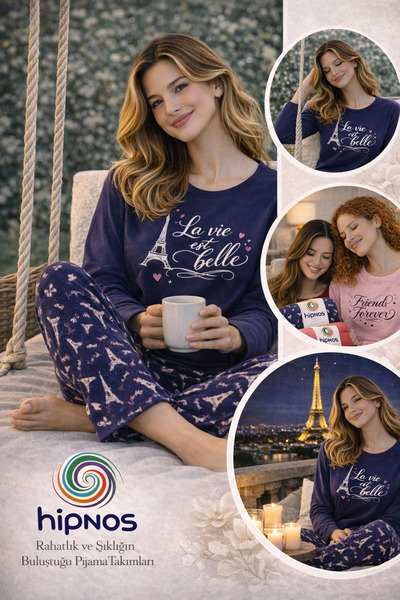 Hipnos Romantic Paris Themed Printed Long Sleeve Navy Blue Pajama Set Eiffel Patterned Bottom