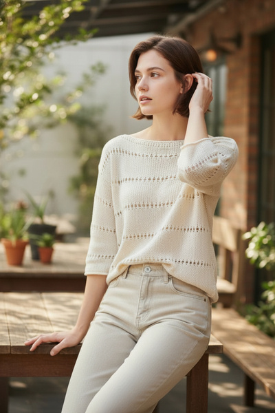 pulur.co Women's Cream Boat Neck Lace-Like Knit Casual Drapey Knitwear Hand K...