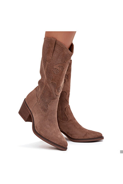 BOTO Ghete de damă cu toc ajurat, bej închis, Olivette, mărimea 40