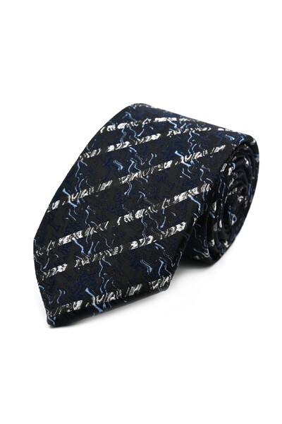 Sade Kravat Black Blue White Special Patterned Striped Tie 33364 Black