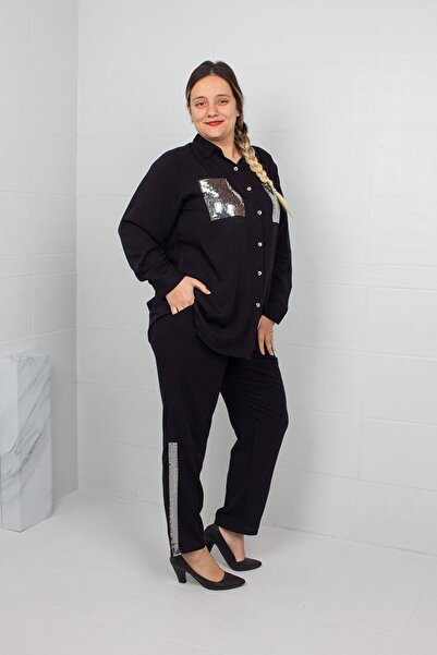 Truva XXL Black Sequin Embroidered D Woven V Viscose Shirt and Pants Set