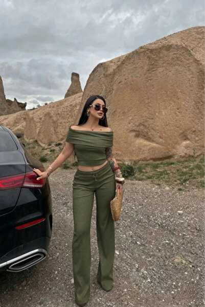 Siner Fashion Women's Khaki Madonna Collar Blouse Wide-Leg Pant Bottom Top Set