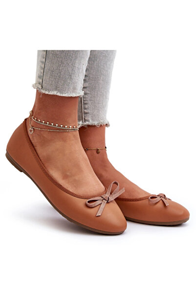 BOTO Sandale Balerini din piele cu fundă, culoare camel, mărimea 37