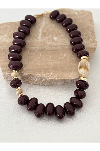 BIJUTERI Burgundy Flat Bead Detailed Bone Necklace