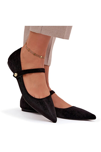 BOTO Balerine din catifea cu bareta și detalii aurii, negre, Gisanne 37