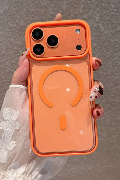 KVK PRİVACY iPhone 17 Pro Max Magsafe Uyumlu Orange Şeffaf Telefon Kılıfı Dar...