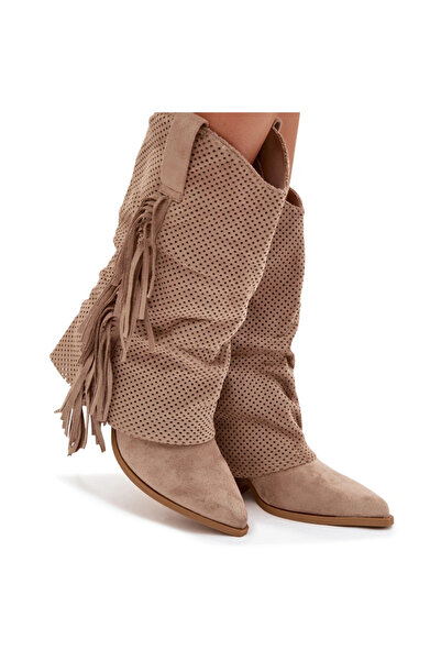 BOTO Beige Pireya Cowboy Boots With Fringes Block Heel 39