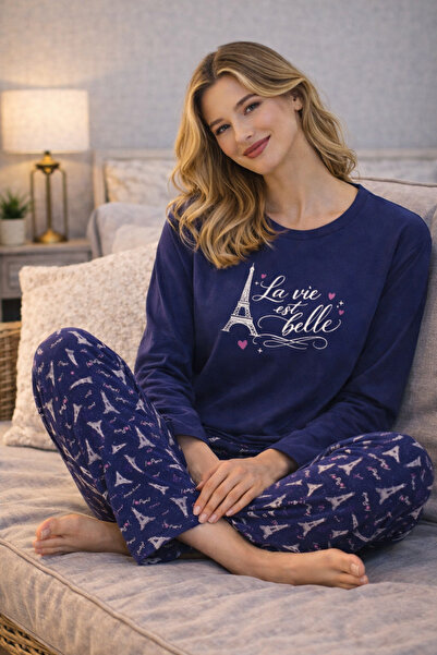 Hipnos Romantik Paris Temalı Baskılı Uzun Kollu Lacivert Pijama Takımı Eiffel...