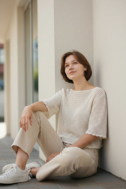 pulur.co Ecru Boat Neck Mesh Hand Knitted Crochet P Cotton U C Cropped Blouse