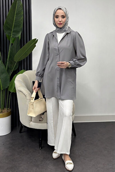 Tesettür Diyarı Γυναικείο ντραπέ πουκάμισο-Γκρι