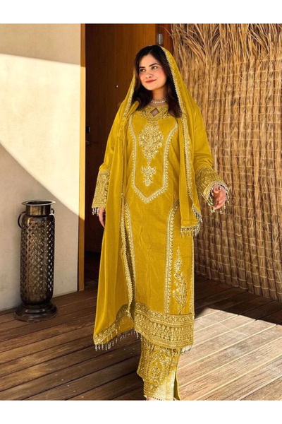 MYSMAR Yellow Chinon Silk Top Bottom & Dupatta - HRT7502 - Yellow