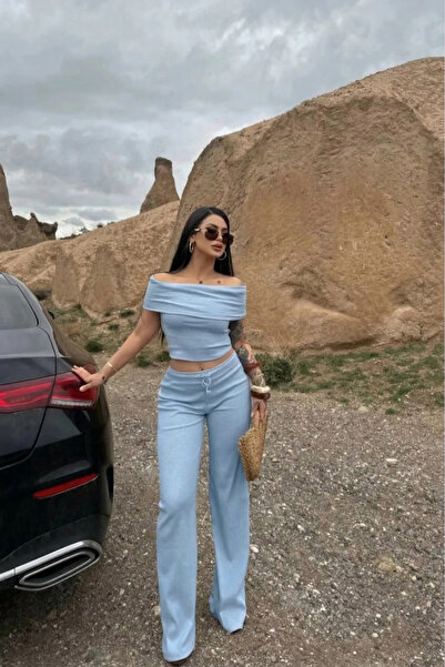 Siner Fashion Women Baby Blue Madonna Collar Blouse Wide-Leg Pants Bottom Top...