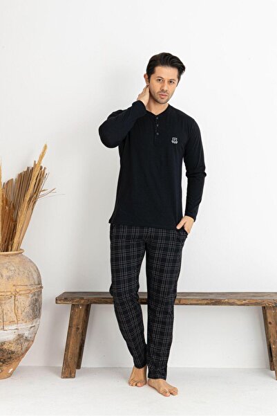 Tarık Men's 100% Cotton Combed Cotton Single Jersey Half Button Black Gray Pl...