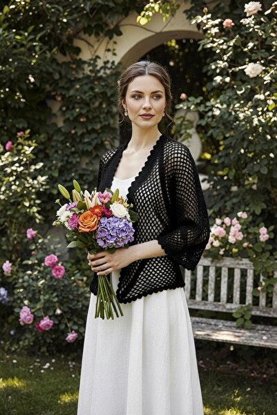 pulur.co Black Hand Knitted Crochet Hexagonal Mesh Cardigan