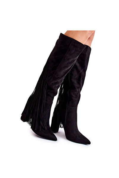 BOTO Ghete din piele întoarsă cu franjuri, negre, Avilla, 36