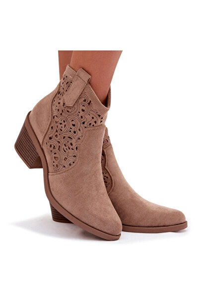 S.BARSKI Women's Perforated Cowboy Boots With Heel HY61-8012 Beige 38